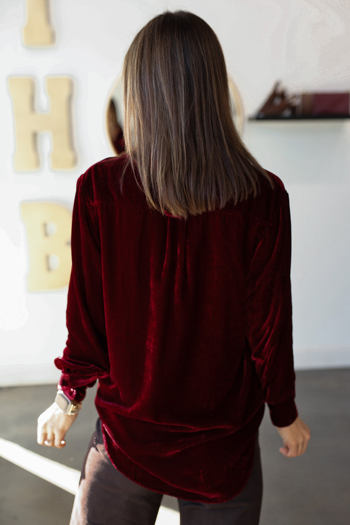 Velvet Button Down Top - Cherry