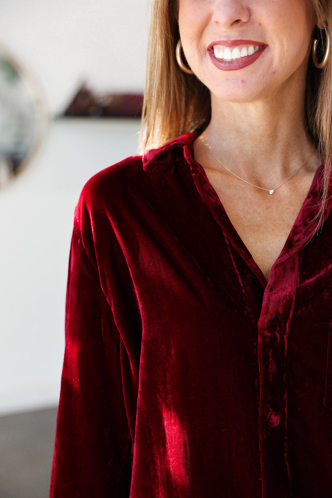 Velvet Button Down Top - Cherry