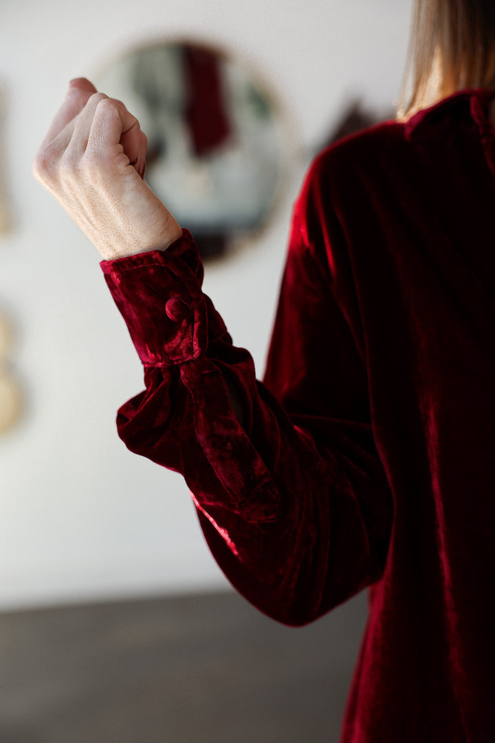 Velvet Button Down Top - Cherry