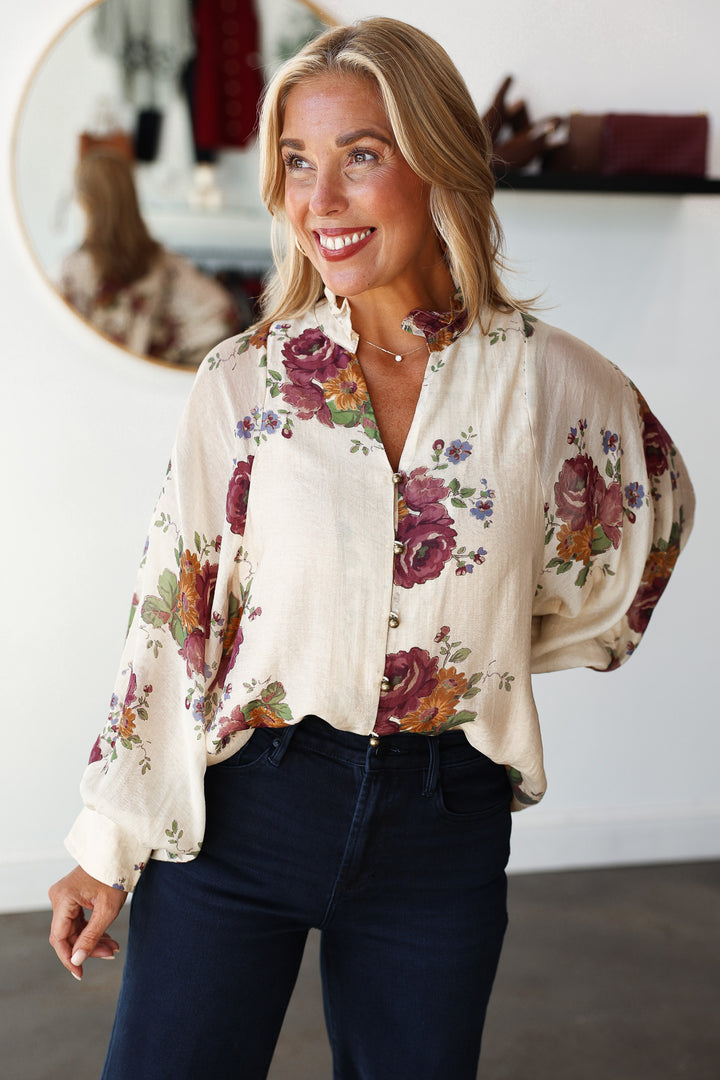 Button Front Floral Top - Ecru