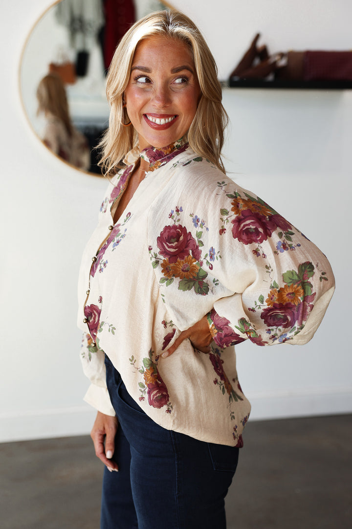Button Front Floral Top - Ecru