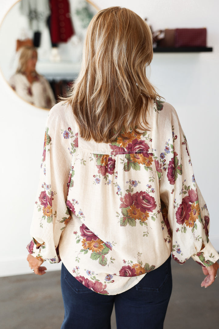 Button Front Floral Top - Ecru