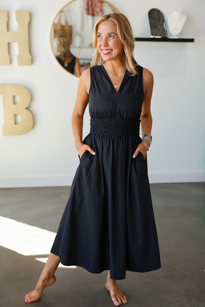 Smocked Waist Dress - Black