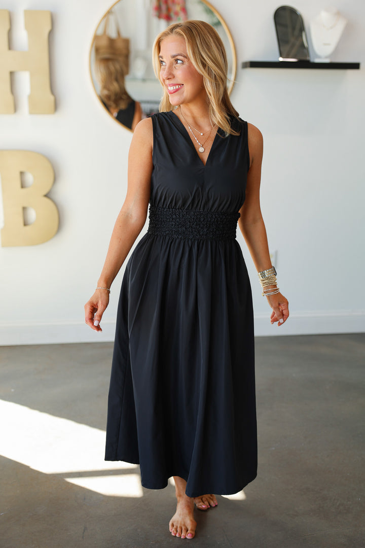 Smocked Waist Dress - Black