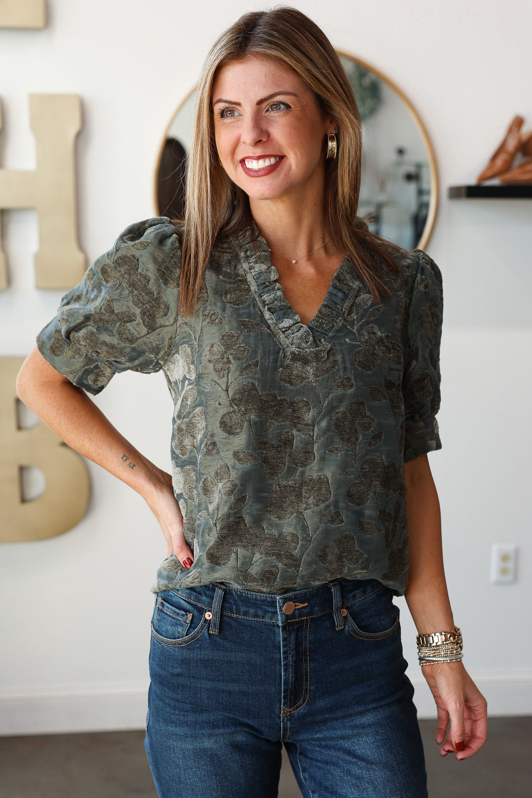 Ruffle Collar Burnout Top - Charcoal