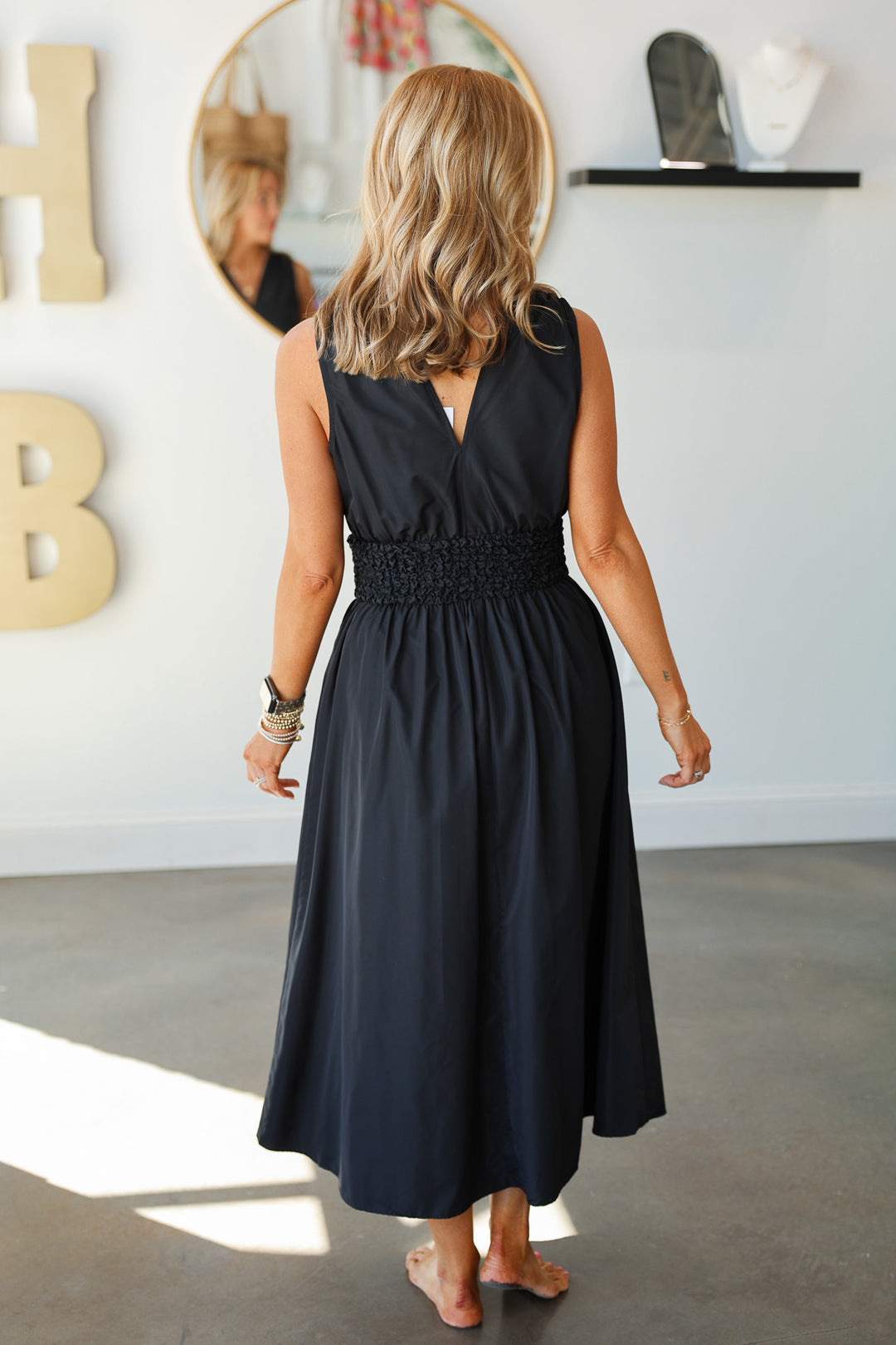 Smocked Waist Dress - Black