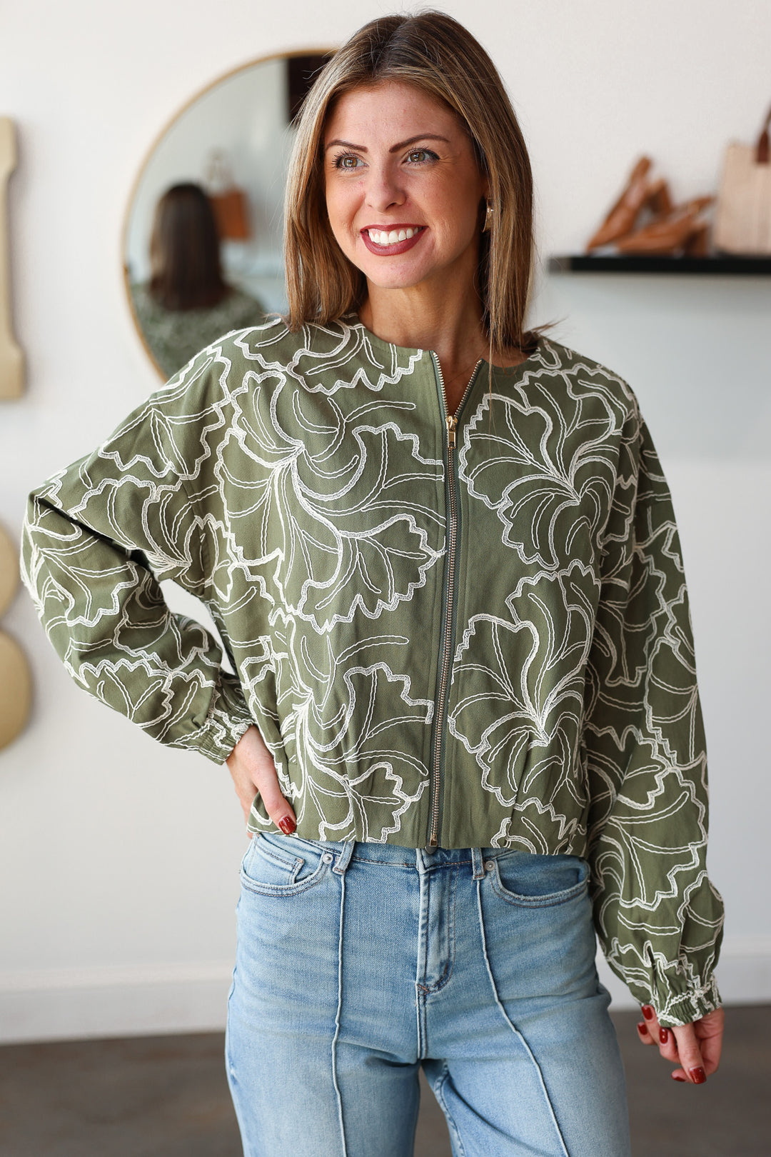 Embroidered Zip Up Jacket - Olive