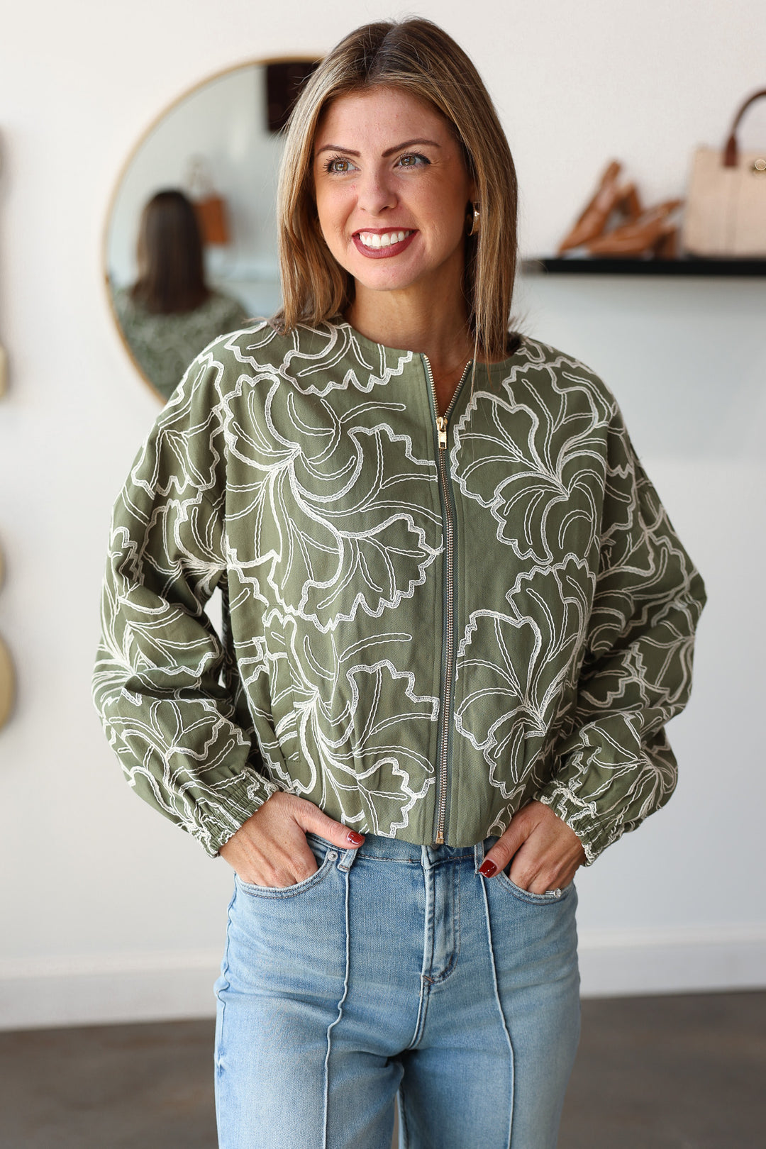 Embroidered Zip Up Jacket - Olive