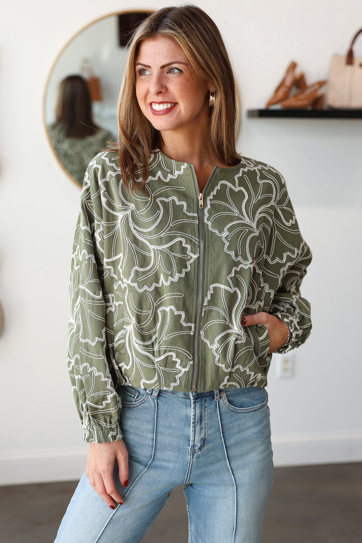 Embroidered Zip Up Jacket - Olive