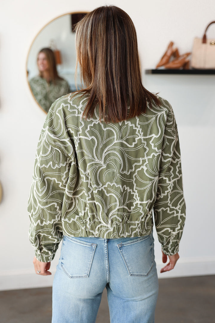 Embroidered Zip Up Jacket - Olive
