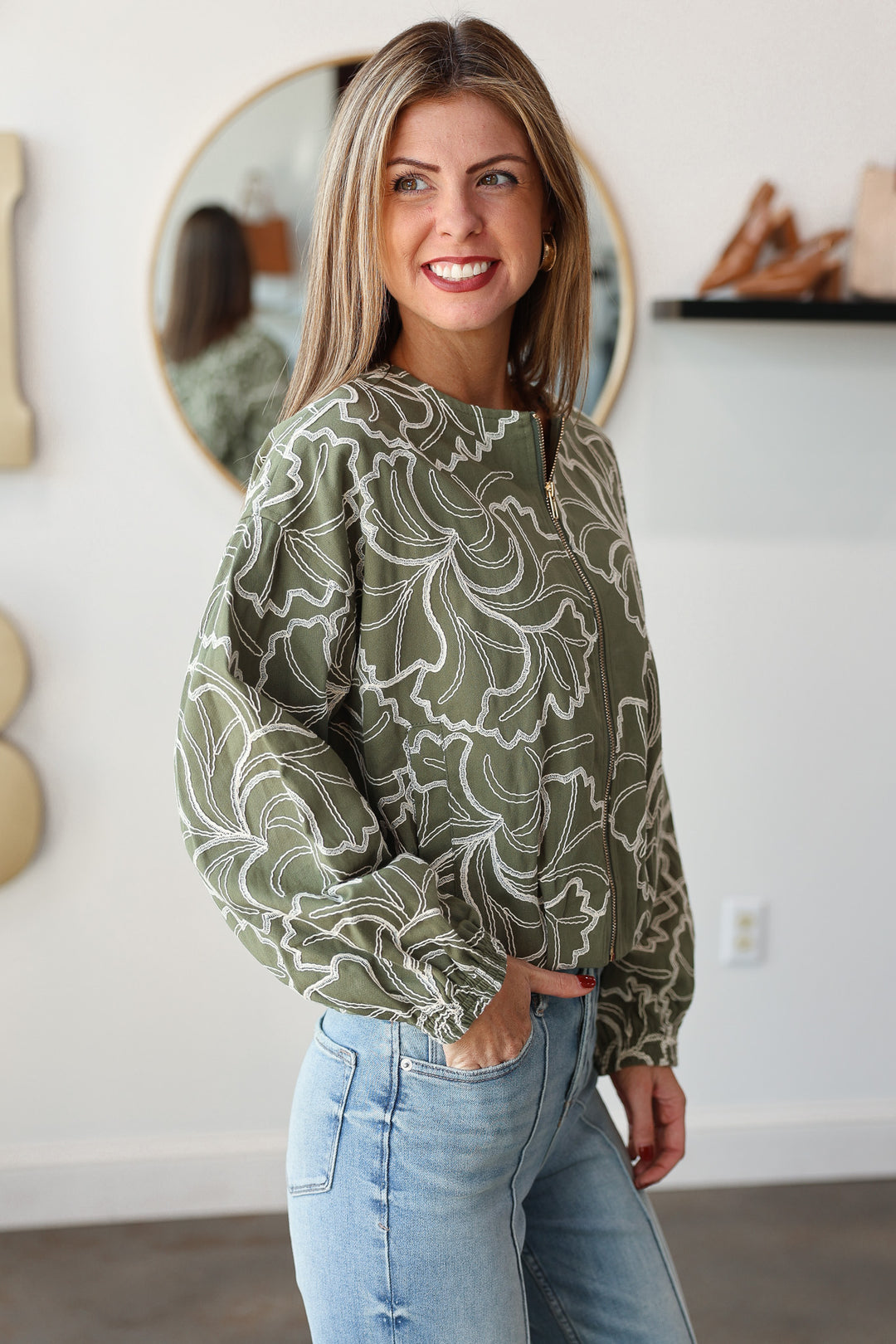 Embroidered Zip Up Jacket - Olive
