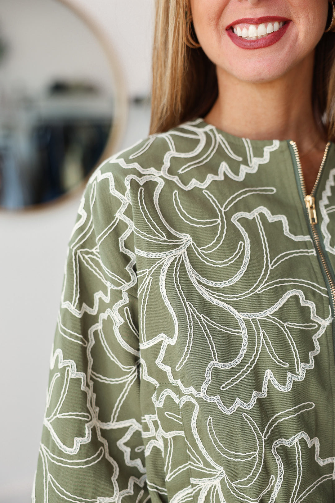 Embroidered Zip Up Jacket - Olive