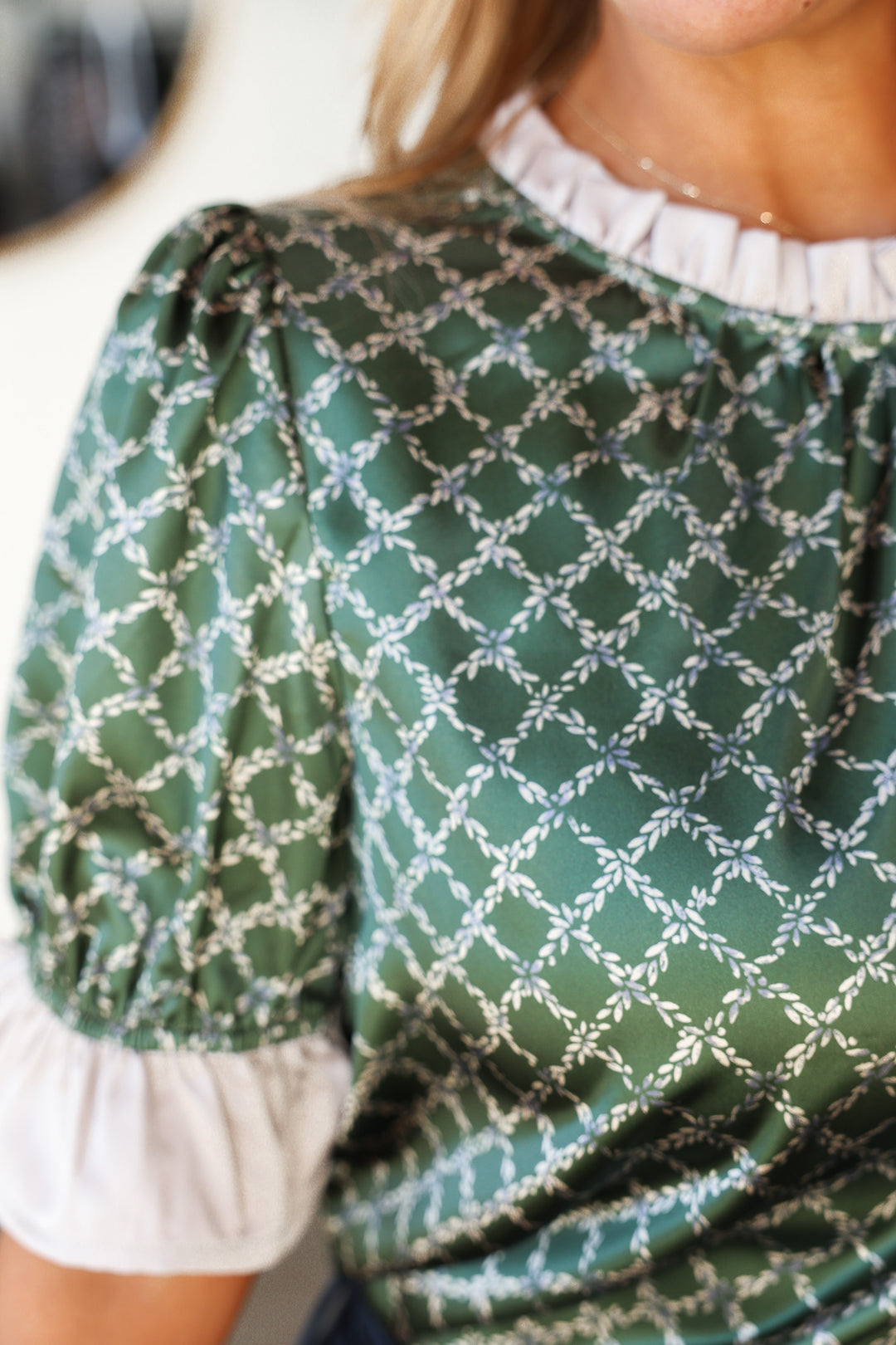 Ruffle Detail Printed Top - Olive