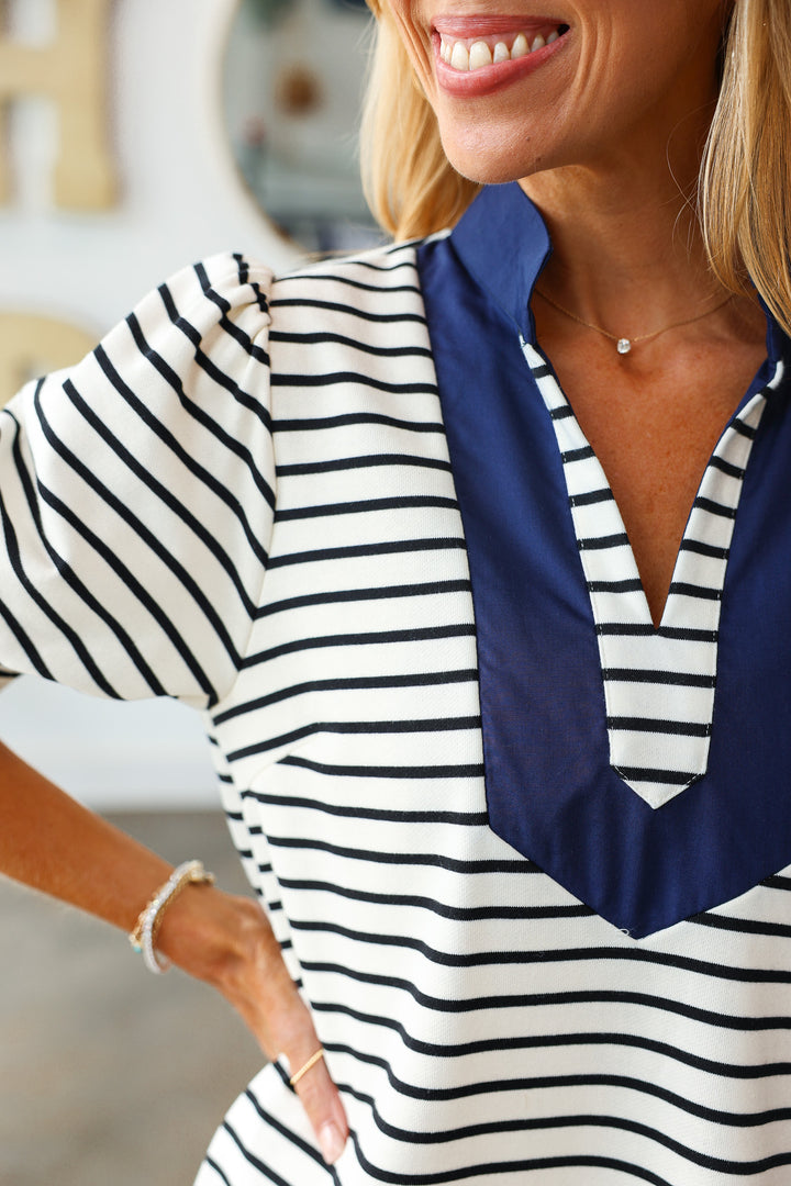 Contrast Collar Striped Dress - Navy