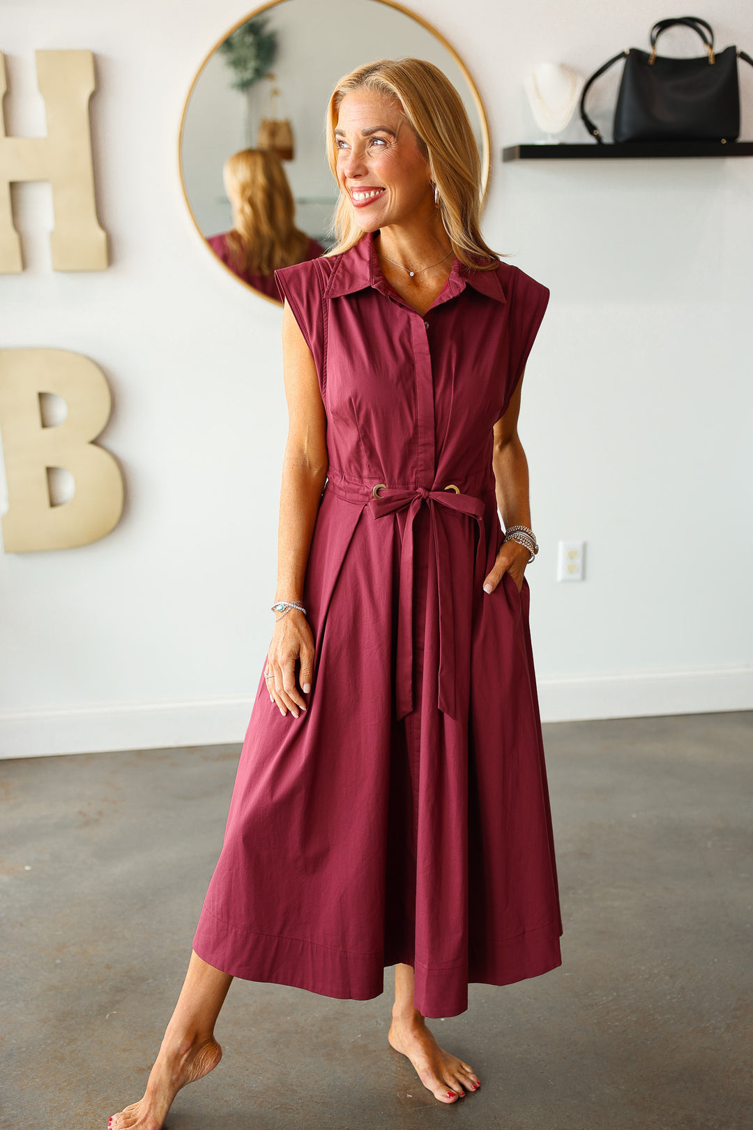 Tie Waist Pleated Dress - Wine