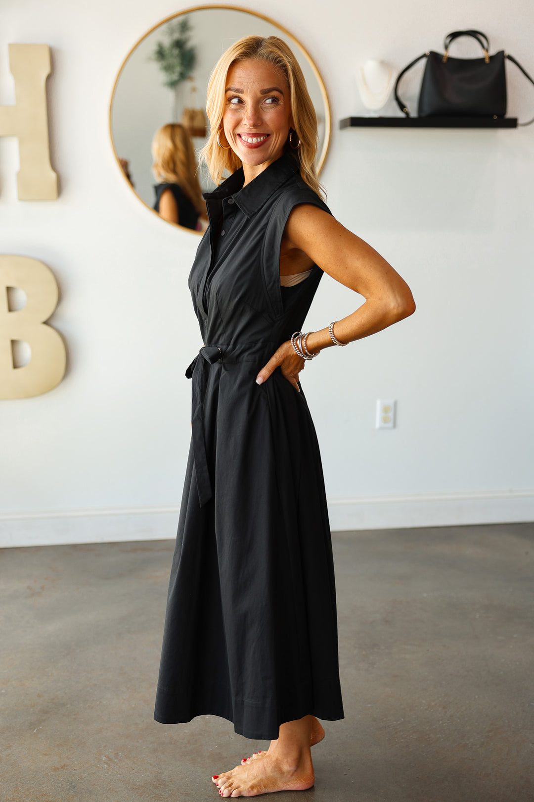 Tie Waist Pleated Dress - Black