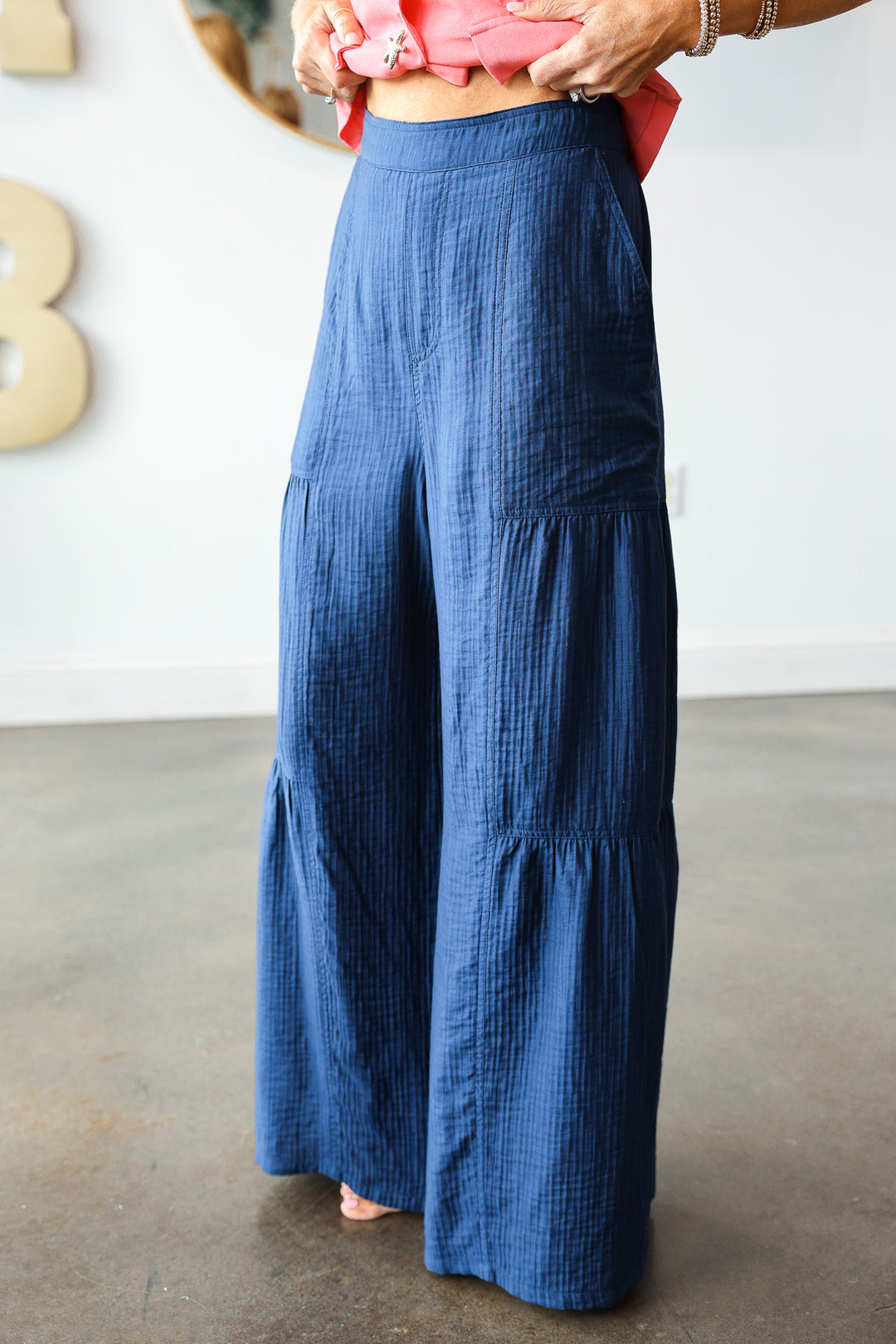 Wide Leg Tiered Pants - Navy