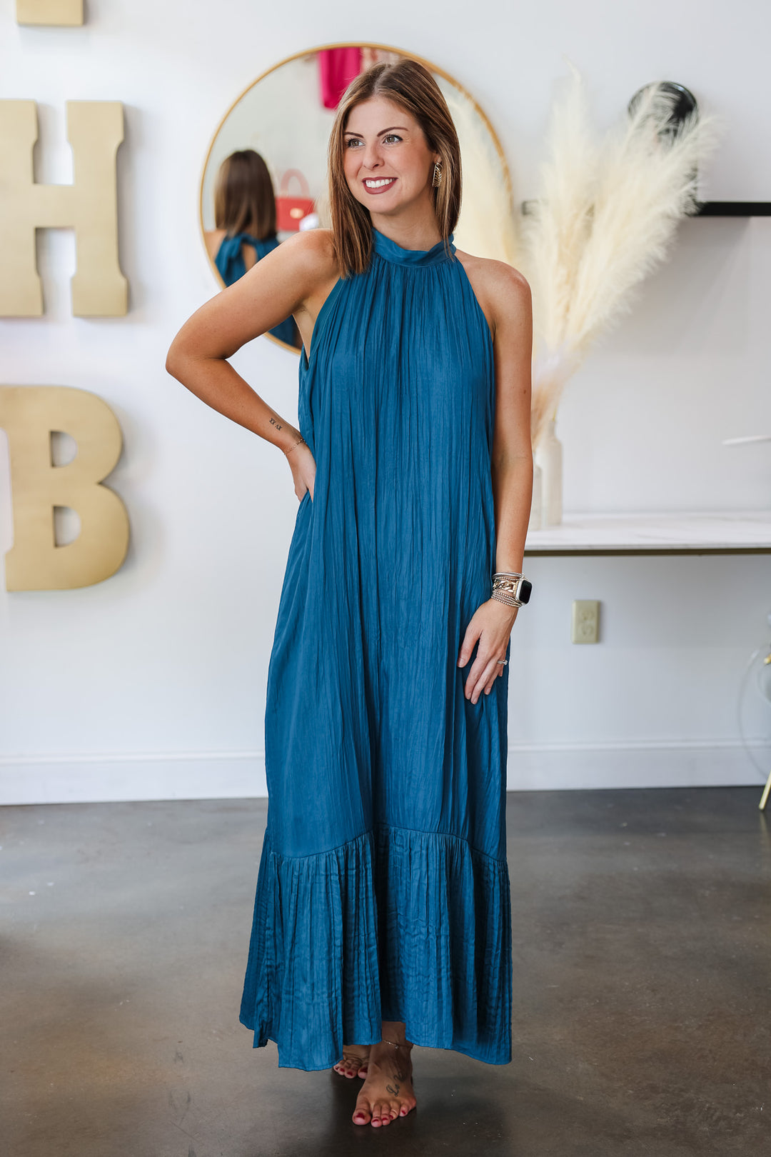 Halter Satin Maxi Dress - Teal