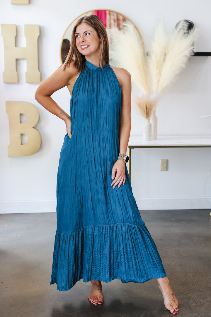 Halter Satin Maxi Dress - Teal