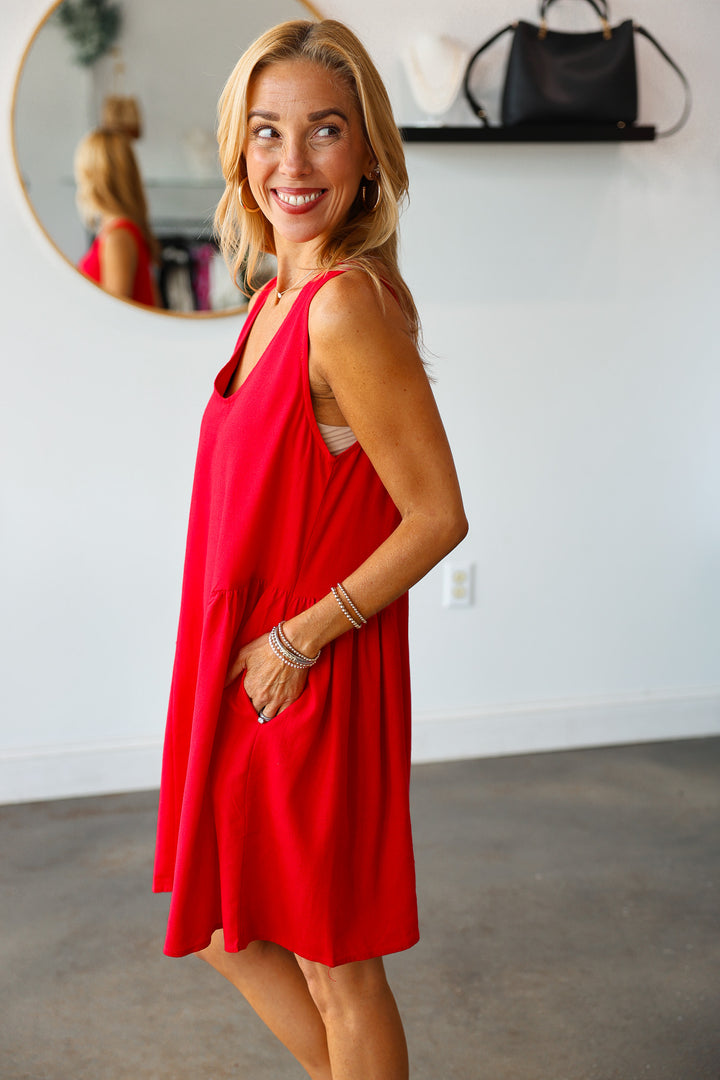 Drop Waist Mini Dress - Red
