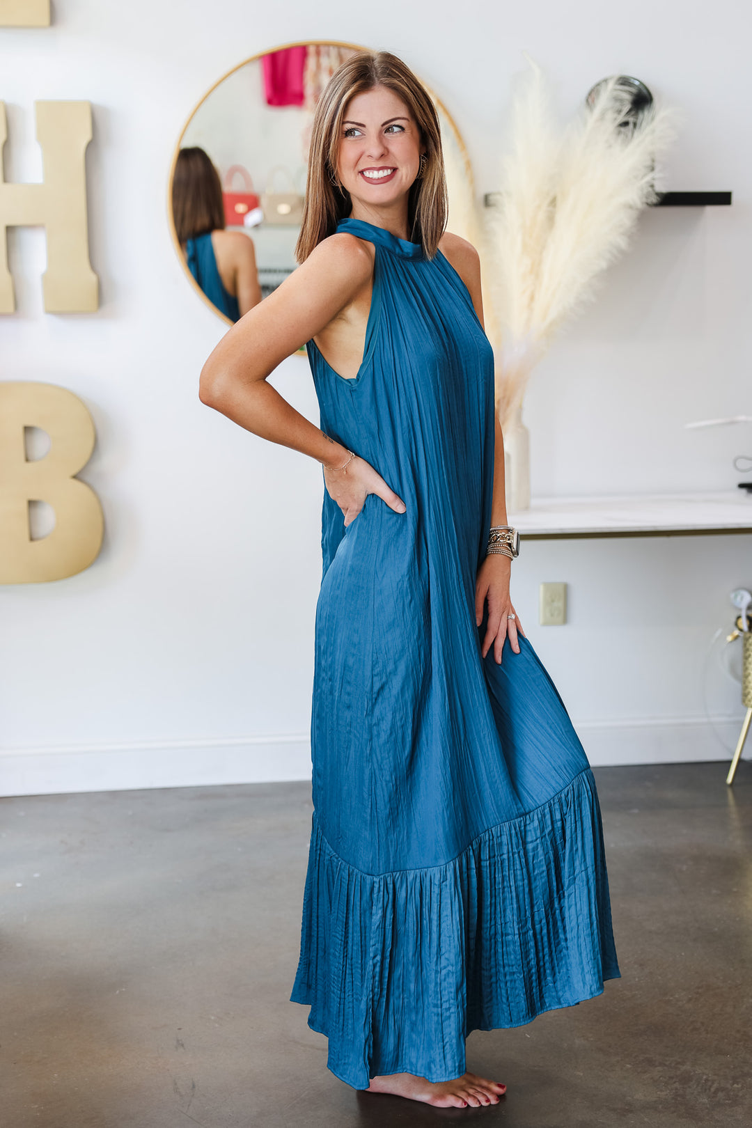 Halter Satin Maxi Dress - Teal