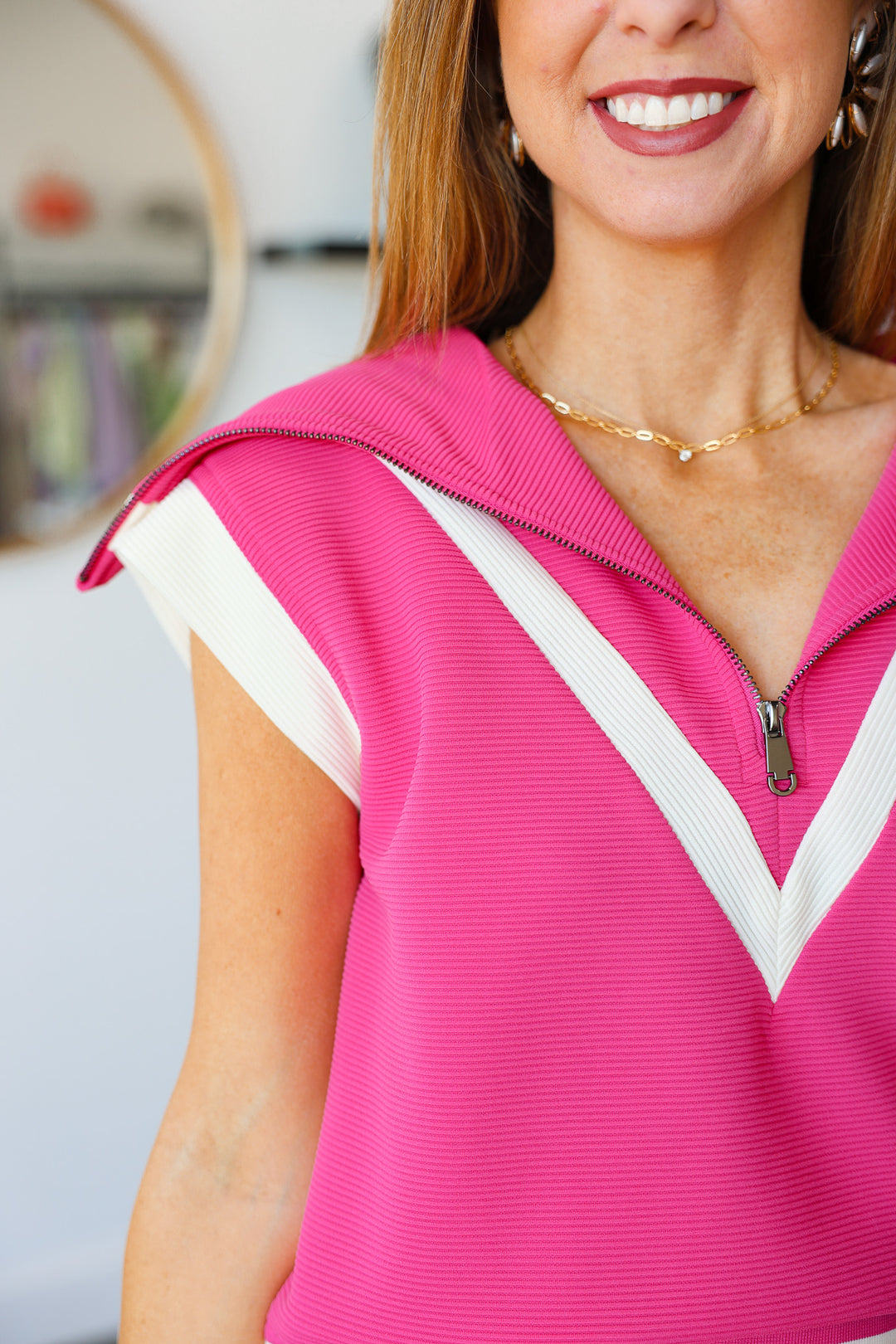 Oversized Collar Quarter Zip Top - Pink
