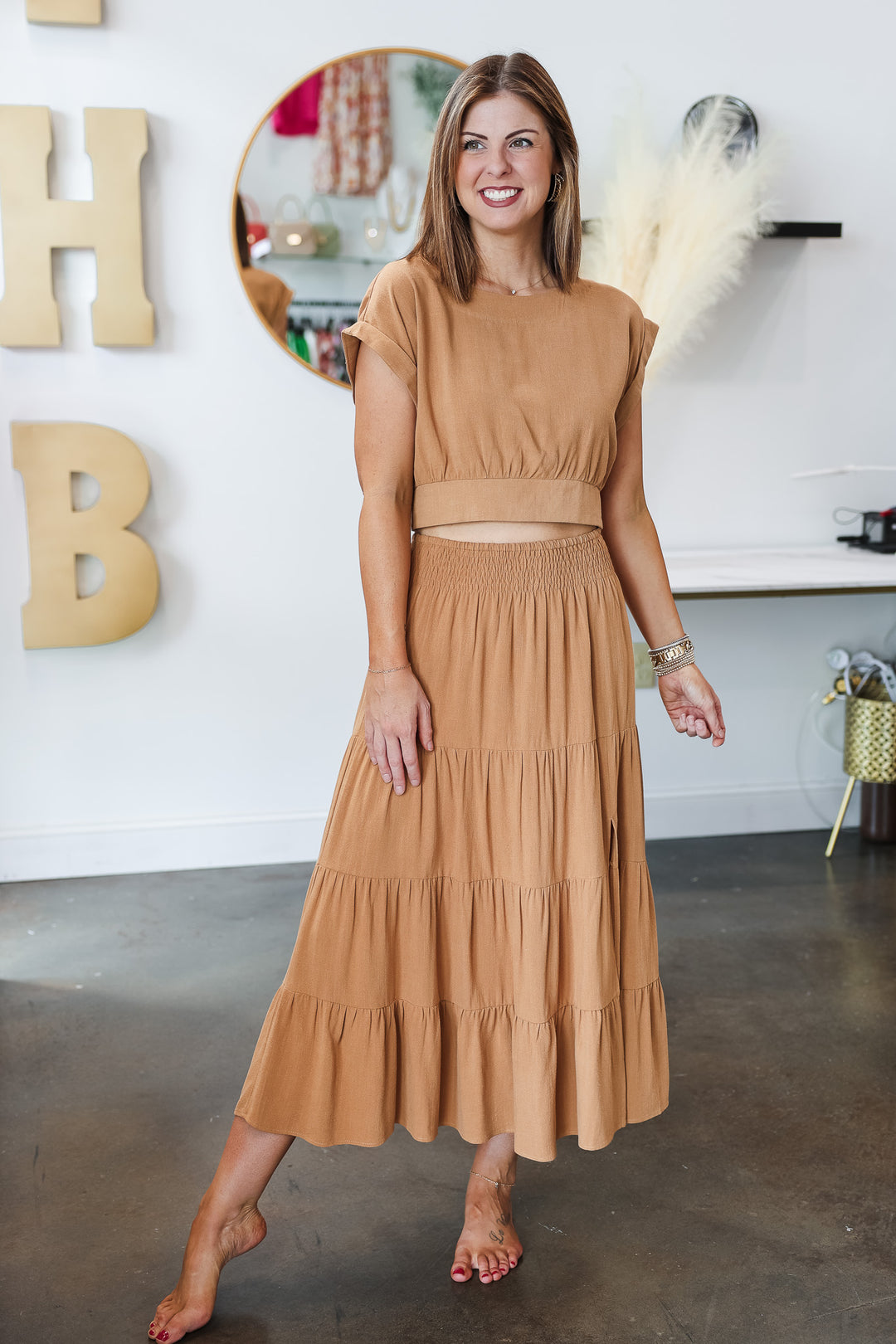 Linen Top/Skirt Set - Camel