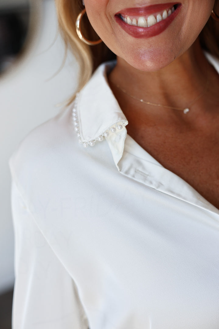 Pearl Trim Satin Button Down - White