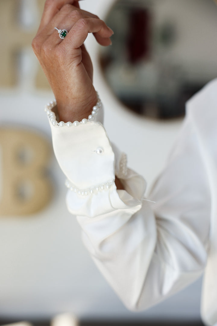 Pearl Trim Satin Button Down - White