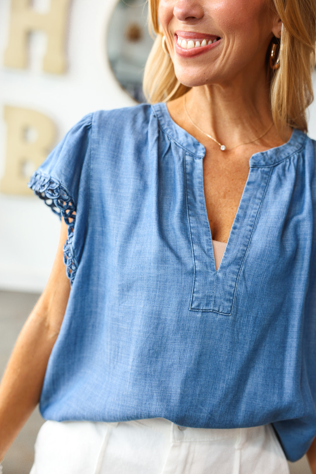 Embroidered Sleeve Top - Chambray