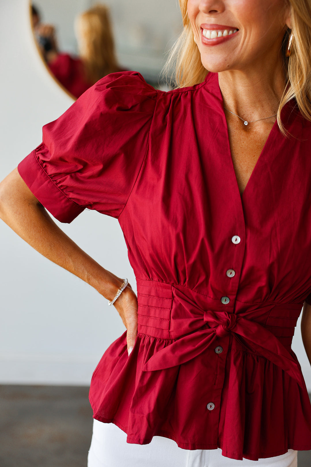 Tie Waist Peplum Top - Burgundy