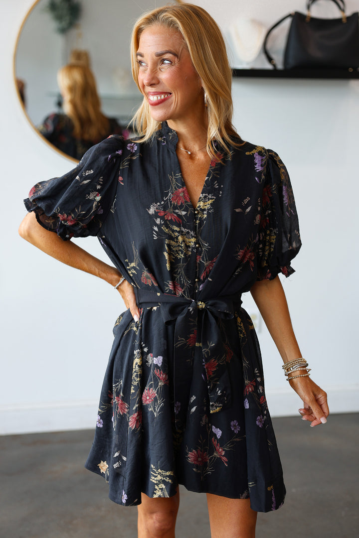 Floral Tie Waist Dress - Black