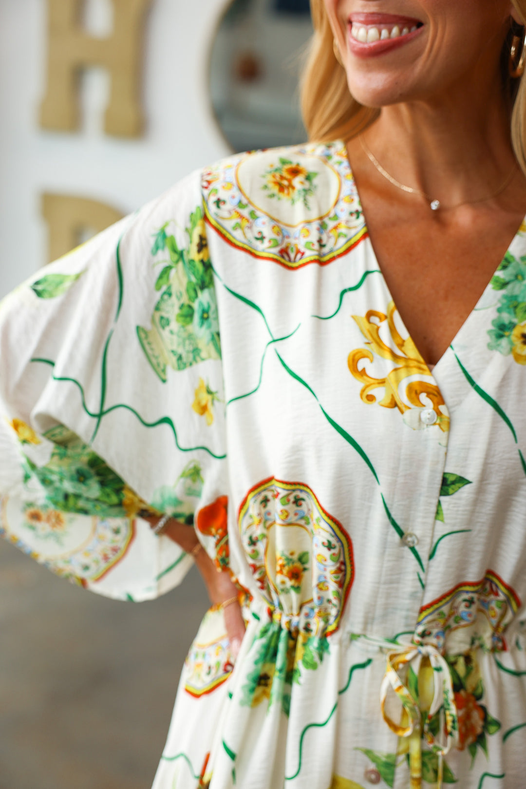 Citrus Floral Cinch Waist Dress