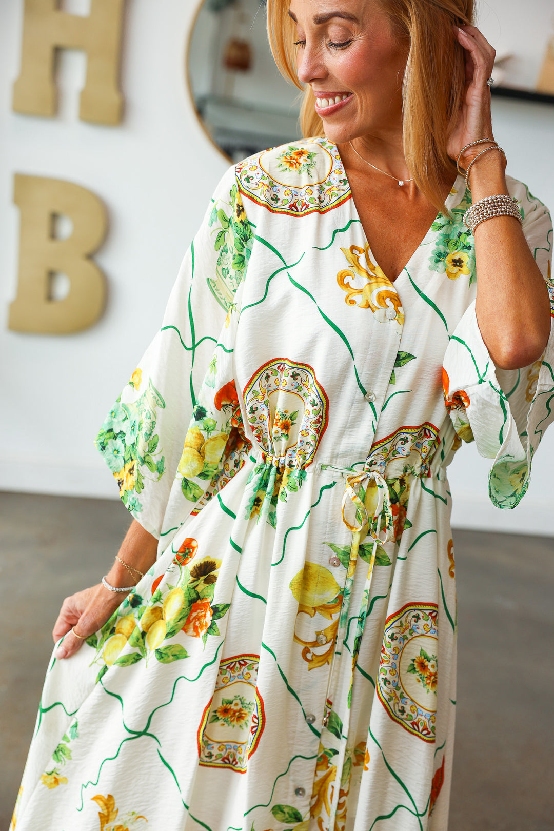Citrus Floral Cinch Waist Dress