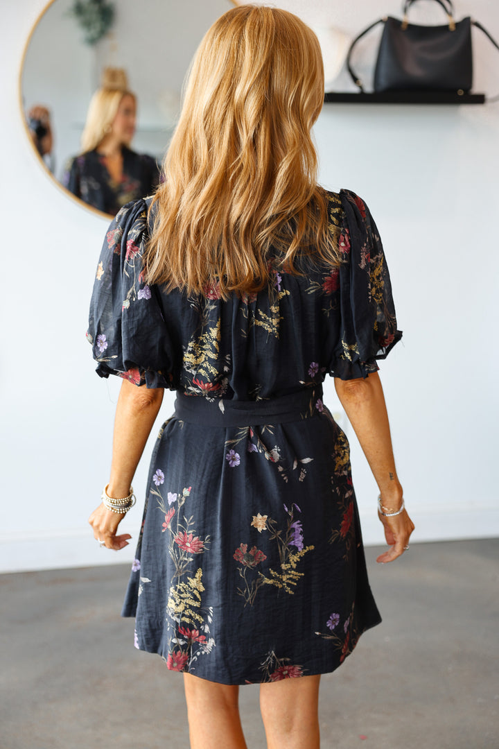 Floral Tie Waist Dress - Black