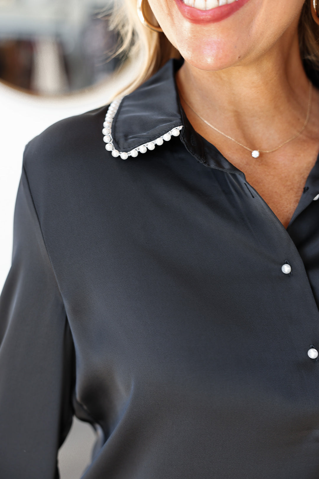 Pearl Trim Satin Button Down - Black