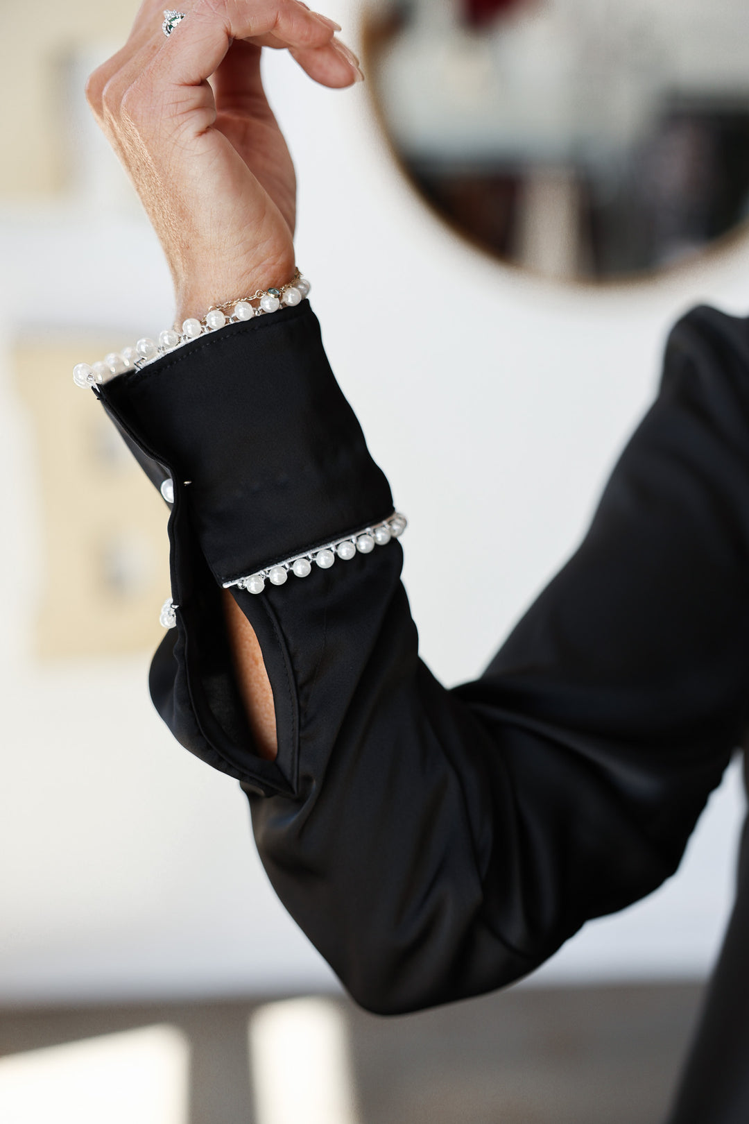 Pearl Trim Satin Button Down - Black