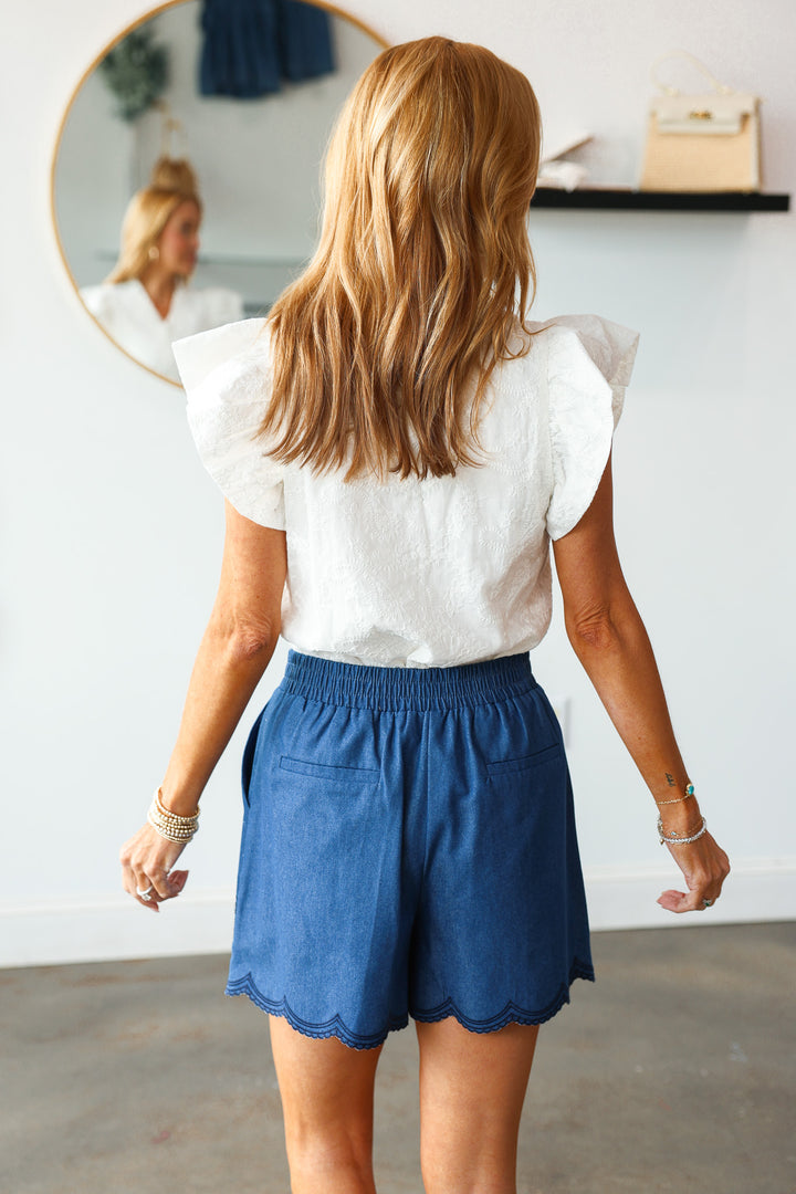 Embroidered Hem Shorts - Denim