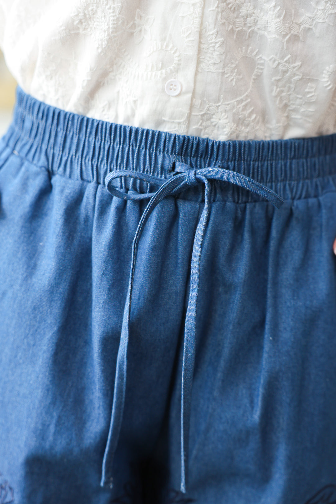 Embroidered Hem Shorts - Denim