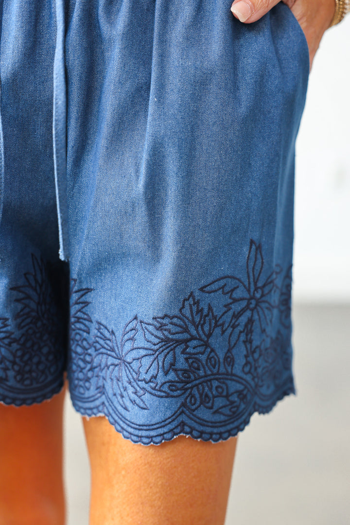 Embroidered Hem Shorts - Denim