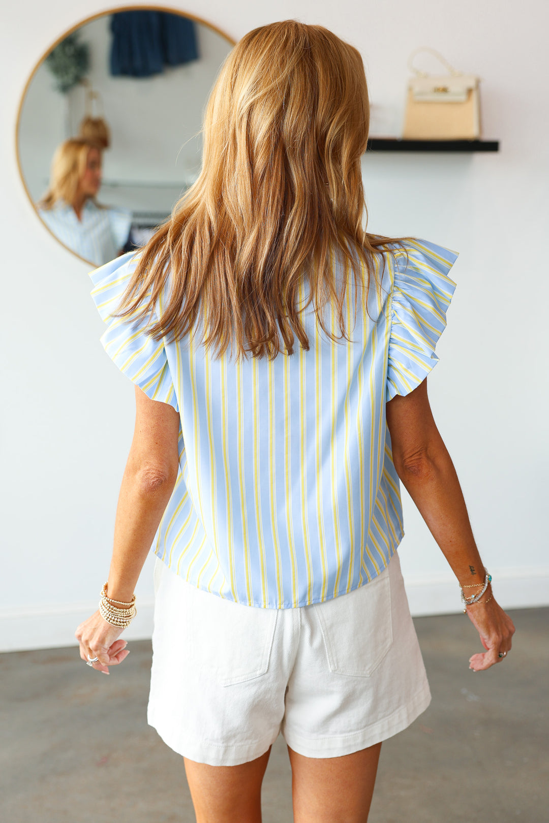 Flutter Sleeve Striped Button Down Top - Blue/Yellow