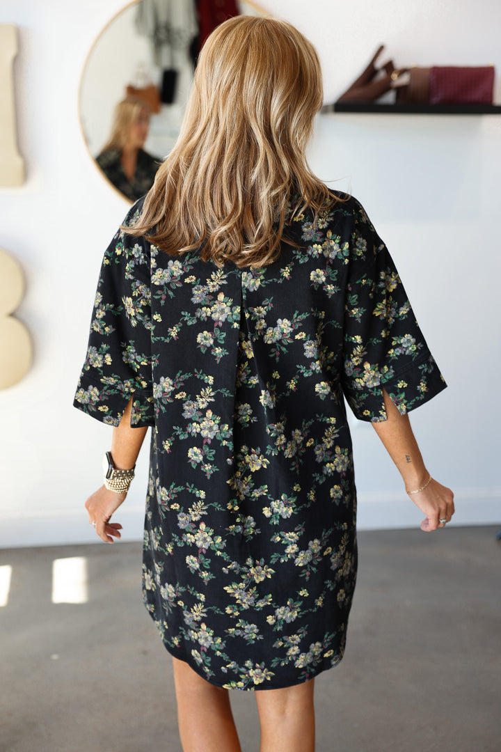 Button Front Floral Denim Dress - Black