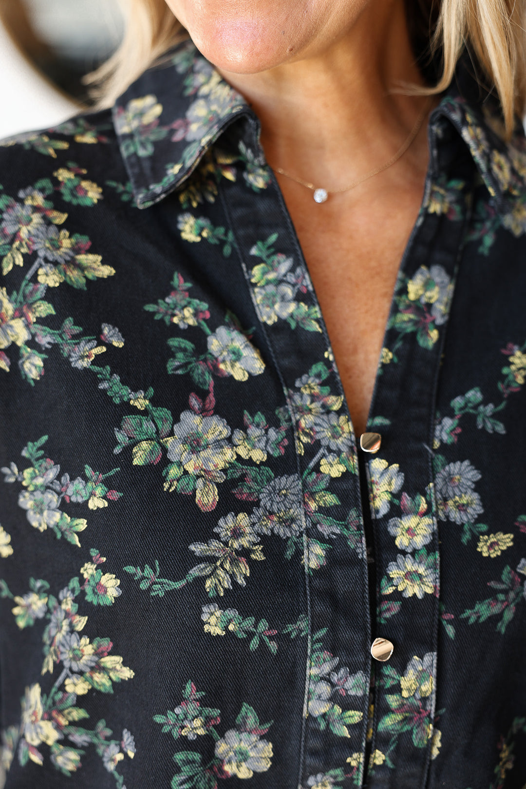Button Front Floral Denim Dress - Black