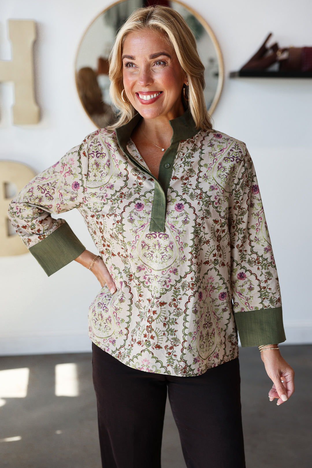 Contrast Trim Pattern Top - Olive