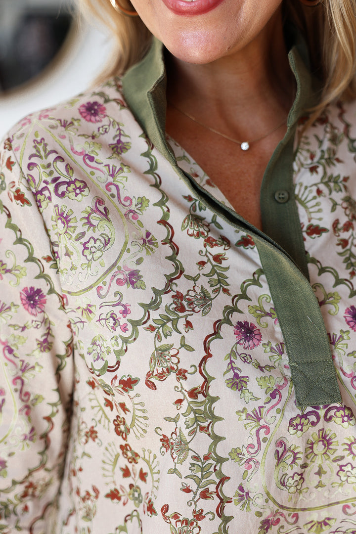 Contrast Trim Pattern Top - Olive