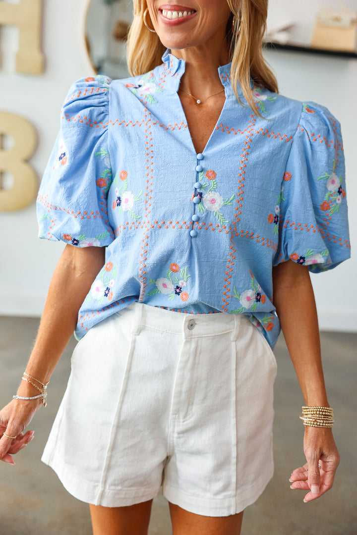 Floral Pattern Top - Chambray
