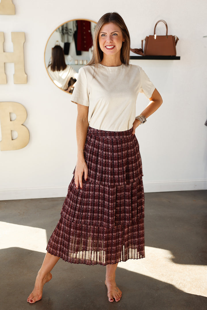 Pleated Tiered Skirt - Burgundy