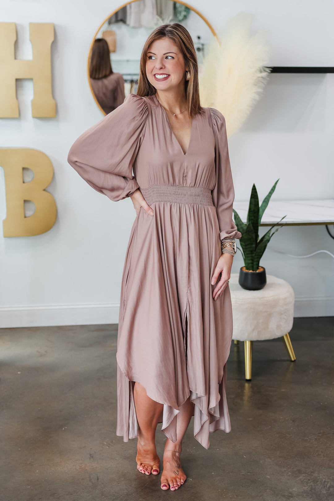 Long Sleeve Satin Maxi Dress - Dusty Orchid