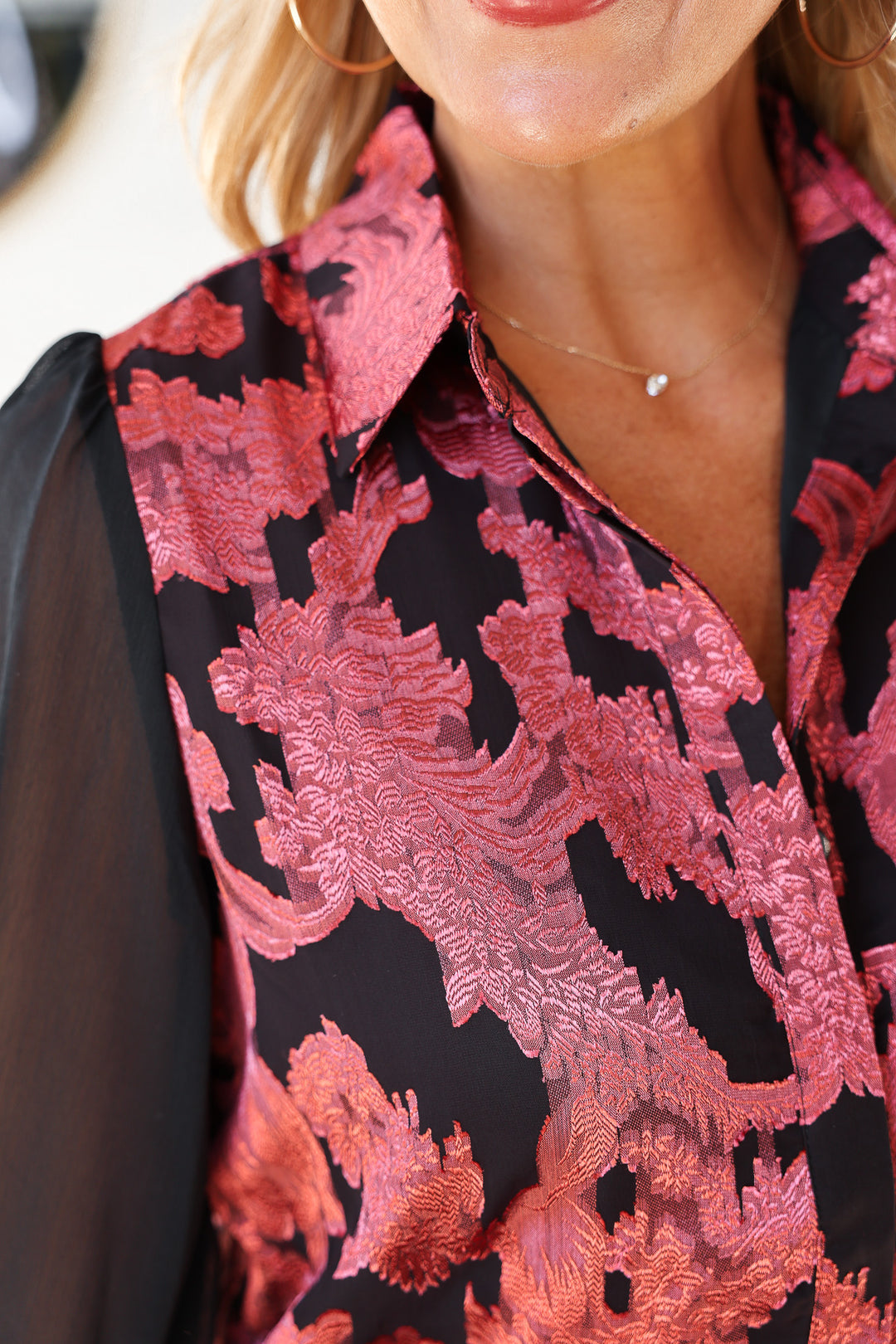 Jacquard Chiffon Button Down Blouse - Black