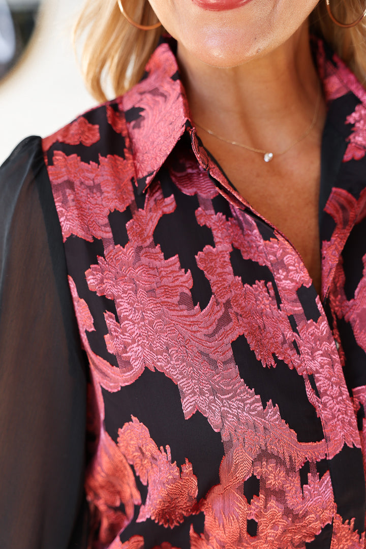 Jacquard Chiffon Button Down Blouse - Black